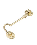 Durable Brass Storage Hook With Swivel Eye Latch For Cabinets And Doors, showing light gold rust resistant finish, four inch hook.