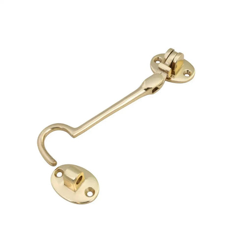 Durable Brass Storage Hook With Swivel Eye Latch For Cabinets And Doors, showing light gold rust resistant finish, four inch hook.