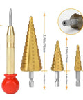 Heavy Duty Woodworking Drill Bit Kit With Dead Center Tower Auger And Quick Strike Punch showing various drill bits and center punch tools.