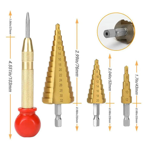 Heavy Duty Woodworking Drill Bit Kit With Dead Center Tower Auger And Quick Strike Punch showing various drill bits and center punch tools.