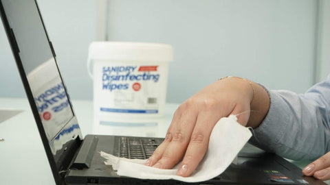 SaniDry Disinfecting Wipes 300 Count EPA Approved Unscented White Nonabrasive Multi Surface Cleaning Wipes For Health Facilities Schools Industrial And Household Use Kills 99.9 Percent Of Viruses And Bacteria Including SARS CoV 2 And Influenza used on laptop