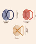 Adhesive Stick On Cabinet Handles 3 Pack Triangle And Hexagon Pull Knobs No Drill Easy Install For Cupboards, Closets, Drawers And Dressers In Kitchen And Home; shown in navy blue, red, and gold with measurements.