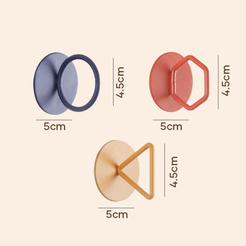 Adhesive Stick On Cabinet Handles 3 Pack Triangle And Hexagon Pull Knobs No Drill Easy Install For Cupboards, Closets, Drawers And Dressers In Kitchen And Home; shown in navy blue, red, and gold with measurements.
