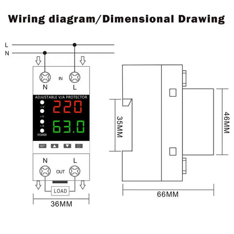 Voltage Protector For Home And Office Electronics 110V 220V AC And DC 80 To 300V, 1 To 63A Adjustable Smart Circuit Breaker With Overvoltage And Undervoltage Cutoff, DIN Rail Mount, Two Pack Keeps Your Gear Safe, wiring diagram and 36mm x 66mm dimensions