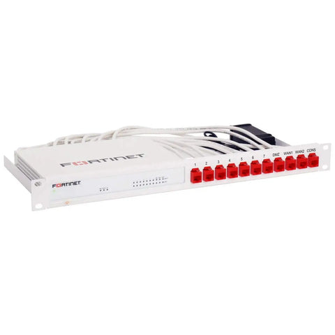Heavy Duty FortiGate 60F Network Firewall With Zero Hassle Five Year Ultimate Tech Protection And Round The Clock Support Plus Drop In Rack Mount Kit, shown with multiple ports and metal casing.
