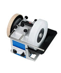 Heavy Duty Water Cooled Knife Sharpener Kit With Rock Solid Universal Support Bar and Precision Guide Jig showing grinding wheels and adjustments.