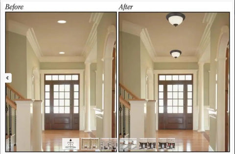 Before and after of Recessed Light To Pendant Converter For 4 To 6 Inch Can Lights With Paintable Medallion installation in hallway