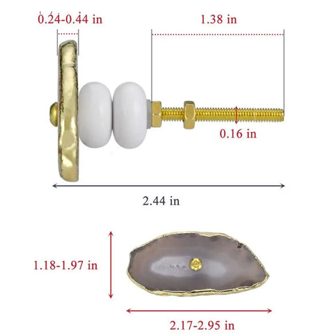 Heavy Duty Natural Agate Stone Drawer Knobs With Bright Gold Rim Screws Straight Into Dressers Cabinets And Cupboards Stress Free Install For Any Room With Slick Bold Style showing dimensions and details.