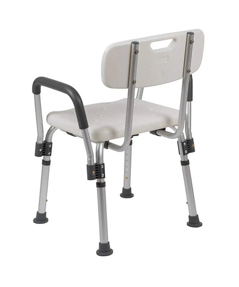 Rear view of Adjustable White Bath And Shower Chair With Depth Adjustable Back, 300 Lb Capacity, Senior Safe Shower Seat For Elderly, Handicap.