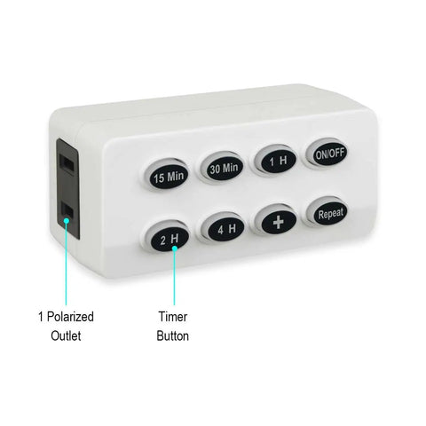 Dead Simple 2 Pack Indoor Countdown Timer With Auto Shut Off Outlet And Illuminated Buttons showing button panel and polarized outlet.