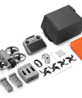 Avata 360 Fly More Combo RC 2 Drone With 1 Inch 8K 360 Degree Imaging components including remote, batteries, and propeller guards.