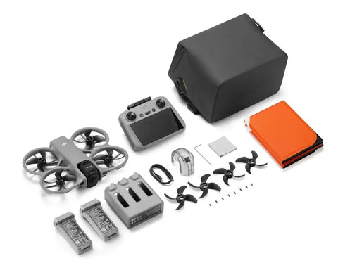 Avata 360 Fly More Combo RC 2 Drone With 1 Inch 8K 360 Degree Imaging components including remote, batteries, and propeller guards.