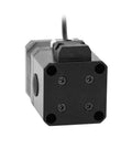 Front view of a black 12V four-lead NEMA17 stepper motor with integrated brake and attached cable