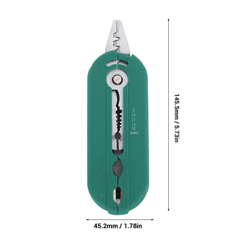 Heavy Duty Multifunction Wire Stripper For 8-16 AWG Solid Cables Precision Stripping Tool with green handle, measuring 145.5mm.