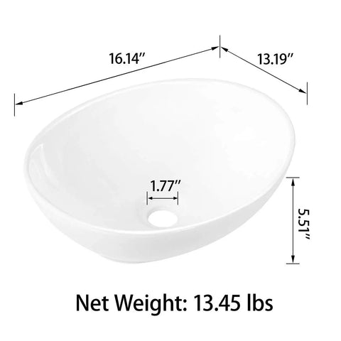 Dope Oval White Ceramic Vessel Sink For Bathroom, Countertop Install, 16 By 13 By Five And A Half Inches, dimensions displayed