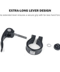 Lightweight Aluminum Bike Seat Post Clamp With Quick Release, Hollow 39g Design displayed in parts with lever and clamp, anodized black.