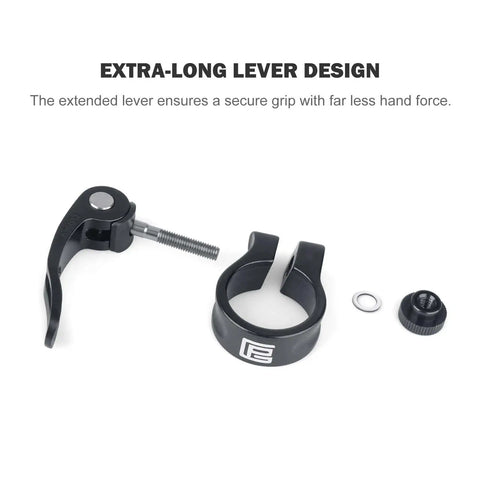Lightweight Aluminum Bike Seat Post Clamp With Quick Release, Hollow 39g Design displayed in parts with lever and clamp, anodized black.