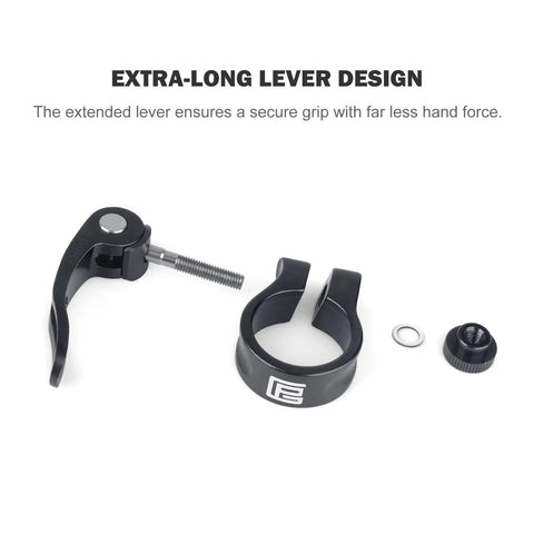 Lightweight Aluminum Alloy Bike Seat Post Clamp With Quick Release Collar for 28.6mm 31.8mm and 34.9mm posts, extra-long lever design