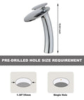 Chrome Waterfall Bathroom Faucet With Single Handle Vessel Sink Brass Lavatory Tap Tall Slanted Body Top Shelf Spa Finish Includes Supply Hose And Pop Up Drain Assembly with pre-drilled hole size requirements.
