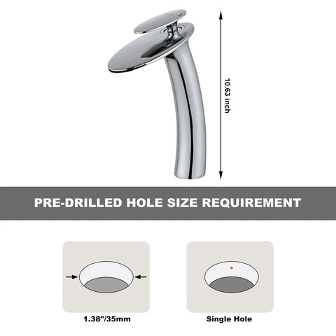 Chrome Waterfall Bathroom Faucet With Single Handle Vessel Sink Brass Lavatory Tap Tall Slanted Body Top Shelf Spa Finish Includes Supply Hose And Pop Up Drain Assembly with pre-drilled hole size requirements.