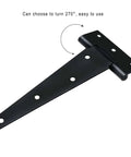 Close-up of a six-inch black T-strap hinge for gates, part of a 4 Piece Black T Strap Gate Hinges Set With Screws.