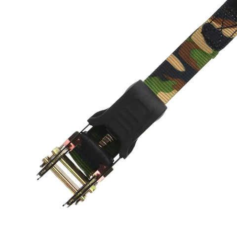 Lock Down Your Gear Tough As Nails Camouflage Ratchet Tie Down Straps One Inch By Eight Feet 1500 Lb Breaking Strength Heavy Duty S Hooks Weather Resistant Four Pack close-up view of strap end with ratchet mechanism.