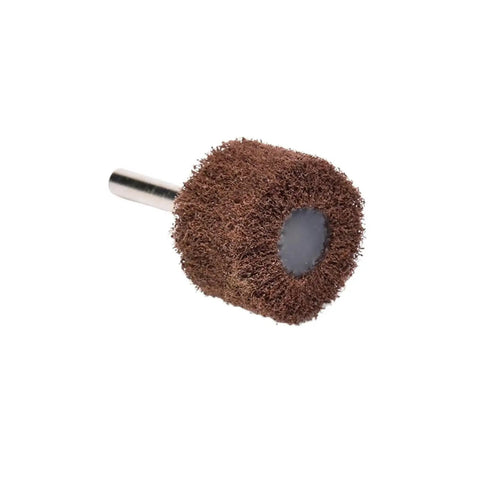Red Non-Woven Flap Buffing Wheel 180 Grit, 6mm Shank, angled view showing abrasive texture, Go-To Rotary Polishing Wheel
