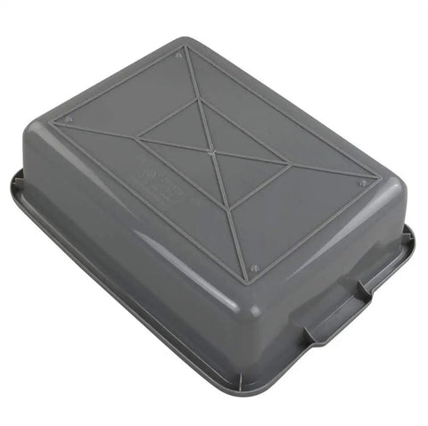 Four Pack Plastic Bus Tubs For Commercial Use, 13 Liter Capacity Tote Boxes, durable grey storage bin shown in upside-down view