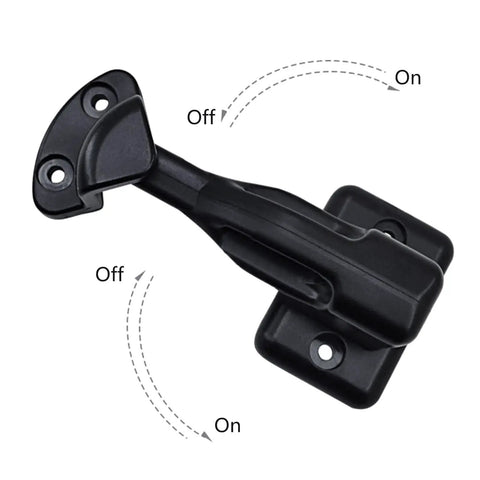 T-Shaped Car Door Holder Retainer Baggage Catch Latches Keep Doors Open Secure For Motorhomes Cars And Yachts With Easy Nylon ABS Installation No Tools Needed, showing the latch in on/off position.