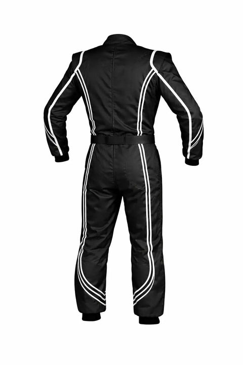 Back view of Kart Racing Suit Water Resistant Digital Print With Breathable Fabric For Adults Teens And Kids Black Size 140 10 11 Years Custom Team Colors And Sponsor Logos Ready For The Track Lightweight Comfort For All