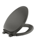 French Curve ReadyLatch Elongated Toilet Seat in Thunder Grey with quiet-close lid partially open, showing grip-tight install hinges.