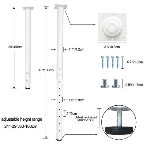 Heavy Duty Adjustable Table Legs 24 To 40 Inch Metal Base With Twist Adjust Leveling Pads Set Of 4 dimensions and hardware details.