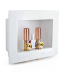 Durable Washer Outlet Box With Brass Water Hammer Arrestor, Half Inch Press Connection, Dual Drain, Includes Two Quarter Turn Brass Valves