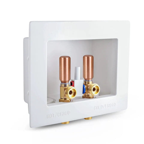 Durable Washer Outlet Box With Brass Water Hammer Arrestor, Half Inch Press Connection, Dual Drain, Includes Two Quarter Turn Brass Valves