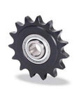 Built Like A Tank 18 Tooth Idler Sprocket With 1/2 Inch Bore And 203KRR5 Bearing For Size 35 Roller Chain Crafted From Heavy Carbon Steel With Black Oxide Finish. Side view of idler sprocket.