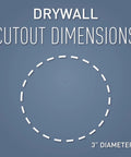 Drywall cutout dimensions for cord cover with grommets for wall mounted TV cables, 3-inch diameter guide shown.