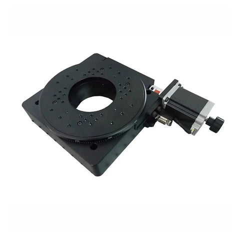 Heavy Duty Motorized Rotary Positioning Stage With Smooth Operator Turning Rock Solid Build And Dead On Precision Worm Gear Design For Pro Level Automation Table Projects And Mods - top view with round platform and motor.