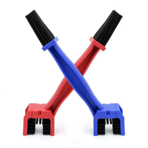 All In One 3 Piece Bike And Motorcycle Chain Cleaner Set With Degreaser Brush For Bicycle And Dirt Bike Universal Chain Cleaning Tool Heavy Duty Chain Brush Red And Blue showing red and blue chain brushes crossed together.