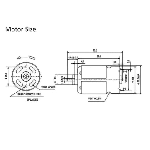RS550 Brushed DC Motors 14.4 Volt 24500 RPM High Torque dimensions diagram with detailed measurements for motor size.