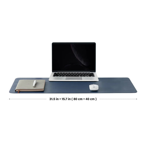 Leather Desk Pad For Home Office And Workspace Non Slip PU Desk Mat Large Desk Pad With Protective Surface Ideal For Mouse And Keyboard Desk Organization Dark Blue 31.5 By 15.7 Inches with laptop and accessories