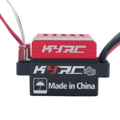 60A Brushed ESC For 1/10 RC Cars And Tanks, 6V 2A BEC, red and black design, showing wires and brand logo.