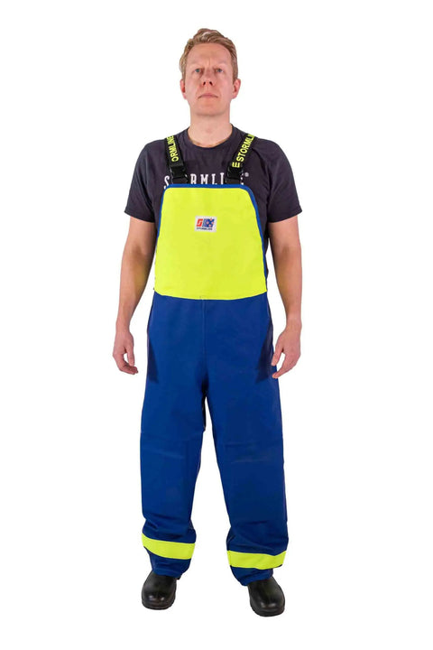Front view of Heavy-Duty Waterproof Bib Pants with Knee Pads and Welded Seams for Fishing, Pressure Washing, Industrial Work, 650gsm PVC Rain Gear.