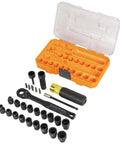 Pass Through Impact Socket Set With Three Eighths Inch Drive And Twenty Eight Piece Kit Featuring SAE And Metric Sockets 90 Tooth Ratchet Adapters And Bits In MODbox Case Pro Grade Built Tough For Heavy Duty Automotive And Everyday Repairs in orange and black with clear top