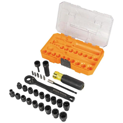 Pass Through Impact Socket Set With Three Eighths Inch Drive And Twenty Eight Piece Kit Featuring SAE And Metric Sockets 90 Tooth Ratchet Adapters And Bits In MODbox Case Pro Grade Built Tough For Heavy Duty Automotive And Everyday Repairs in orange and black with clear top