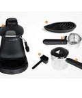 Semi Automatic Espresso Coffee Machine With Swivel Milk Frother For Silky Cappuccinos Compatible With Coffee Pods Quick Heat 730 W components displayed on white background.
