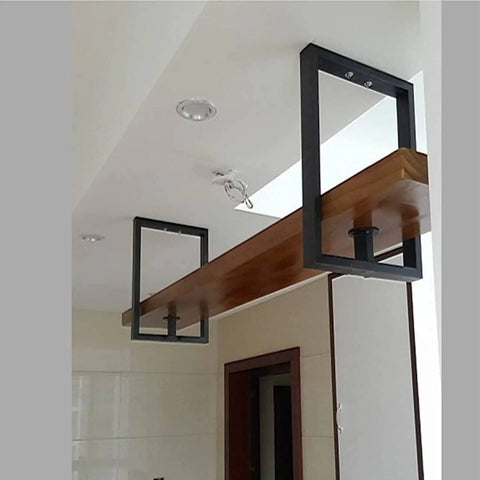 Hanging Wine Glass Rack Ceiling Shelf Retro Industrial Kitchen Storage Wood And Iron Floating Stemware Holder installed in a modern kitchen.