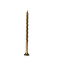 Tough As Nails Ten By Three Inch Deck Screws With Square Robertson Drive And Bugle Heads For Smooth Driving Rock Solid Grips And Rust Busting Protection Using Gilded Zinc Plated Finish In One Hundred Piece Box, single screw on white background.