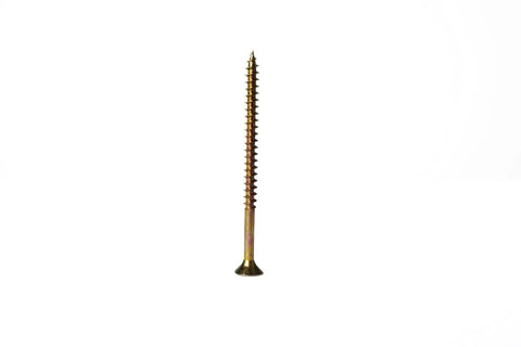 Tough As Nails Ten By Three Inch Deck Screws With Square Robertson Drive And Bugle Heads For Smooth Driving Rock Solid Grips And Rust Busting Protection Using Gilded Zinc Plated Finish In One Hundred Piece Box, single screw on white background.