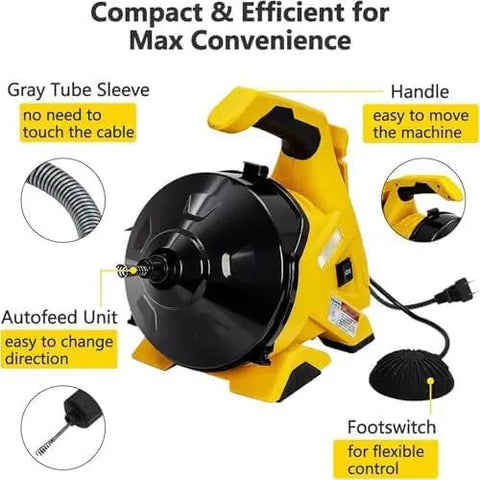 Professional Grade 30 Ft Electric Drain Auger With Auto Feed Snake And Foot Switch Heavy Duty Plumbing Machine showing compact design with handle and footswitch.