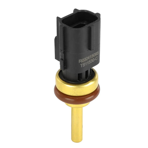Close-up of A-Premium engine coolant temperature sensor; black plastic connector, brass probe.